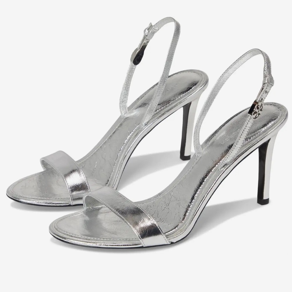 NEW Tory Burch Double T Buckle Heel Sandals 85mm in Shiny Silver